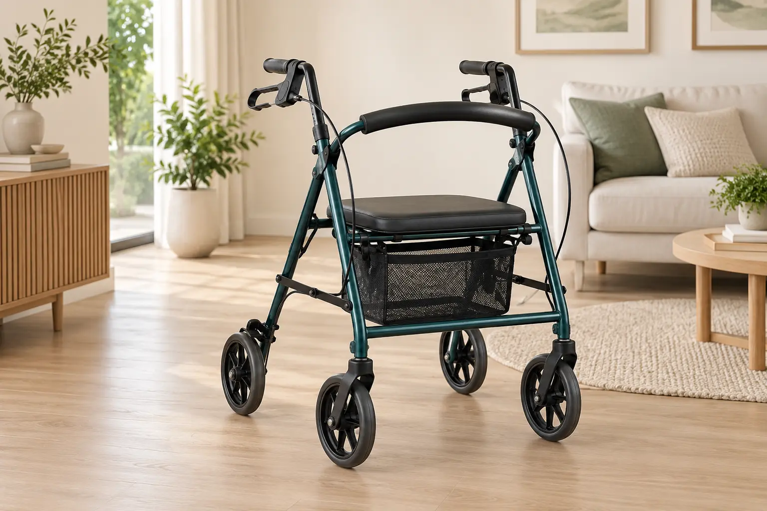 Andador com quatro rodas e assento