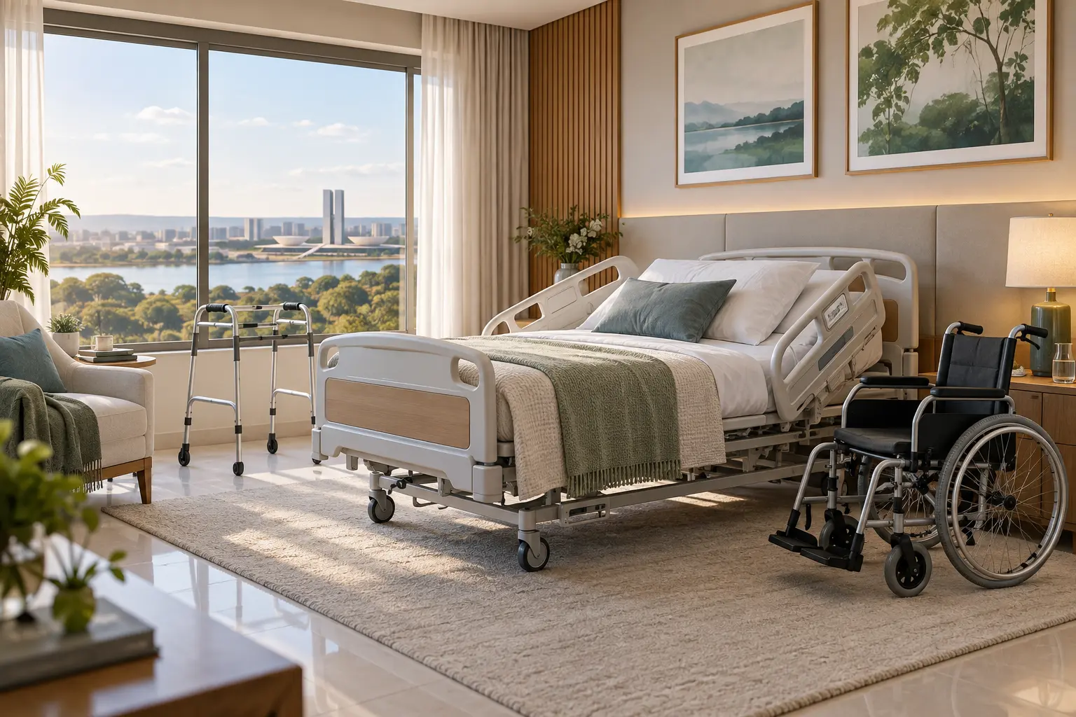 Cama hospitalar, cadeira de rodas e andador em ambiente domiciliar
