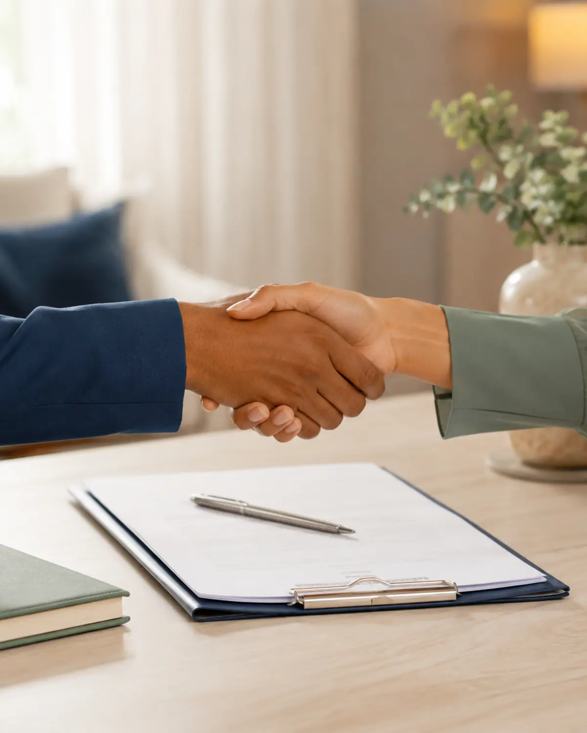 Duas pessoas formalizando uma parceria profissional sobre um contrato